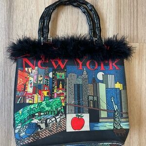 Vintage Frankie & Johnnie New York City Handbag with Feather Trim Bamboo handles